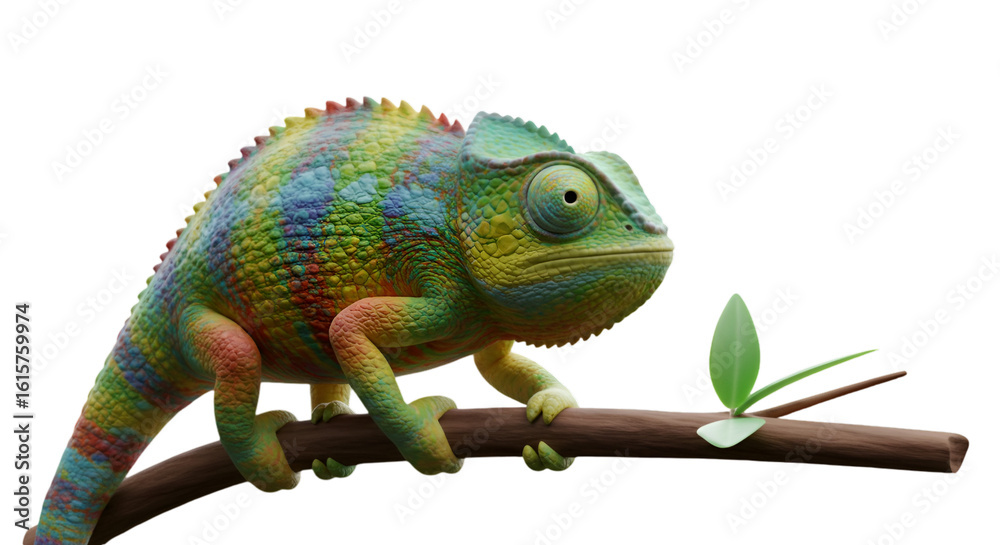 Obraz premium Realistic 3D Illustration of a Colorful Chameleon on a Branch with Transparent Background