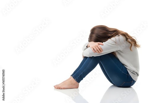 A young woman with long brown hair, wearing a gray sweater and blue jeans, sits on the floor with her head in her hands, covering her face with her arms, white background