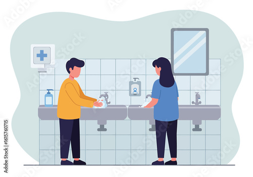 Two people are depicted washing their hands at a sink in a tiled restroom, emphasizing hygiene and cleanliness.
