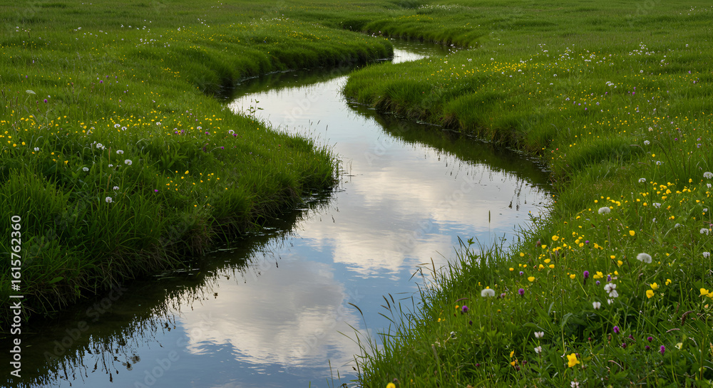 Serene waterway meandering through vibrant green meadow with wildflowers Serene waterway meandering through vibrant green meadow with wildflowers