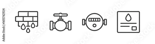 Water and plumbing line icon set. pipes, valves, meters outline collection