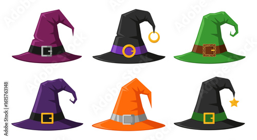 A vibrant collection of six cartoon witch hats in various colors and styles, featuring buckles and unique decorations, isolated on a clean white background.
