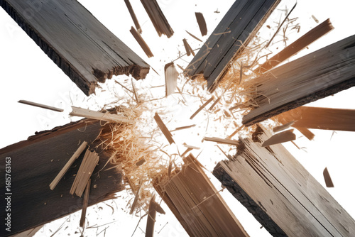 Exploding wood: Shattered wooden planks erupt outwards from a central point, capturing a moment of explosive disintegration, showcasing the power of force and destruction.