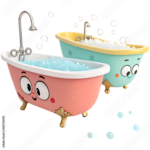 3d cartoon bathtubs on white background