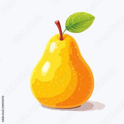 Vibrant yellow pear illustration with a fresh green leaf and playful shadow