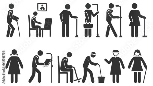 Diverse Pictogram Set Depicting Elderly People and Individuals with Disabilities Performing Various Activities and Using Mobility Aids