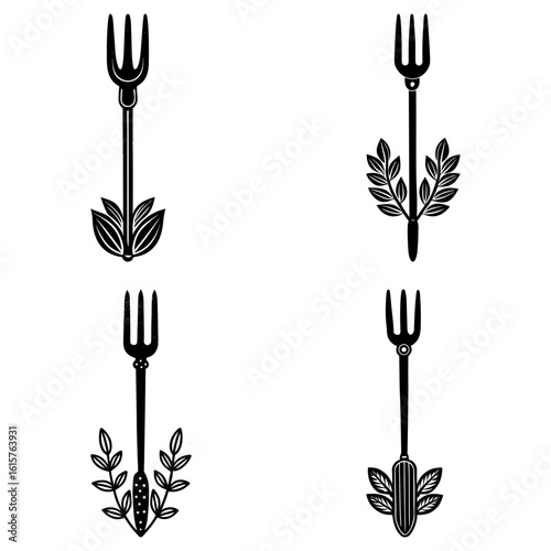 Four artistic forks each adorned with unique botanical elements in a symmetrical arrangement style