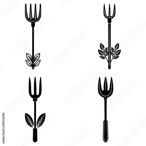 Four forks with botanical elements arranged in a square pattern on a white background design element