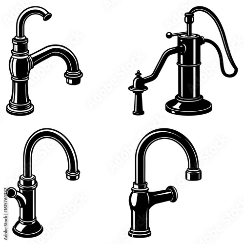 Four black and white faucet illustrations with varying styles and unique design elements present here