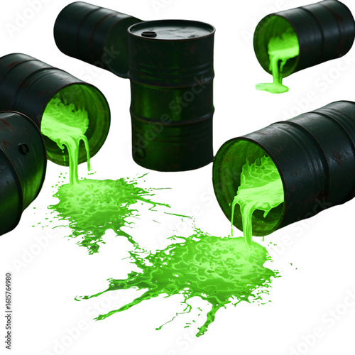 Toxic Green Liquid Spilling From Barrels Isolated On Transparent Background Photo