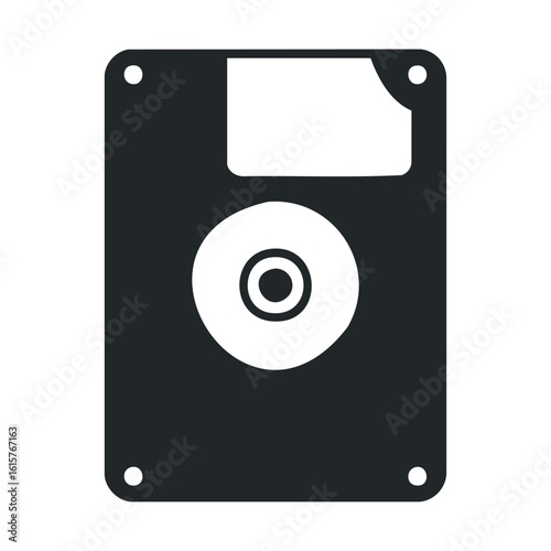 Retro floppy disk icon symbolizing vintage data storage in black and white design