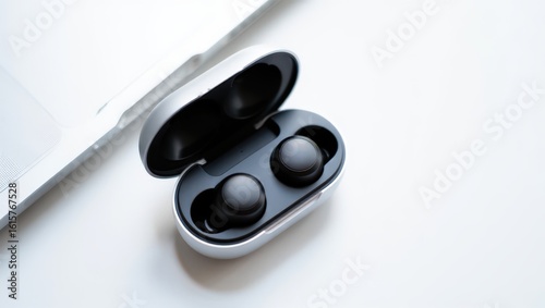 Close Up of Silver and Black Wireless Earbuds in Charging Case on a White Table Next to a Laptop for a Modern Tech Lifestyle Aesthetic