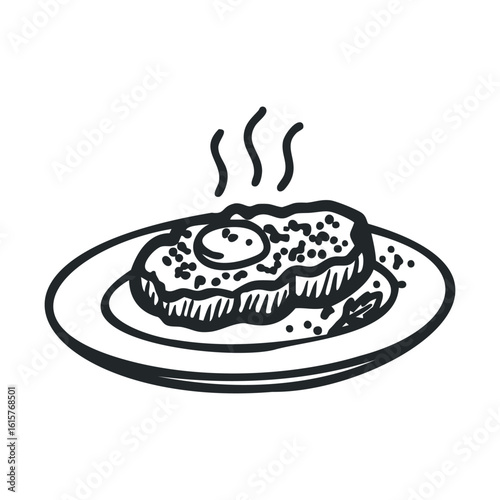 Black and white drawing of a fried egg on a plate with steam