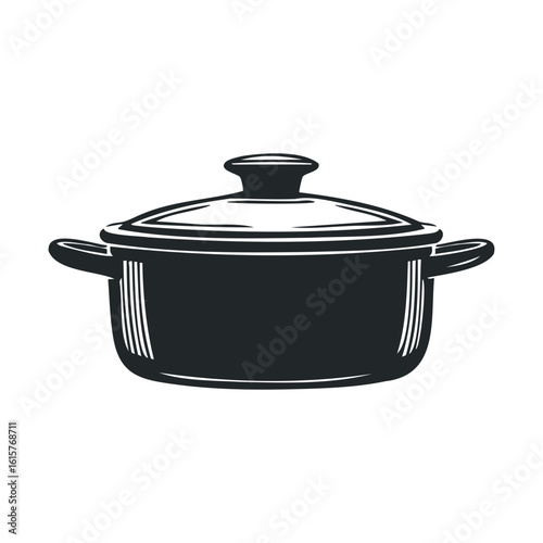 Vintage cast iron dutch oven illustration with lid and handles