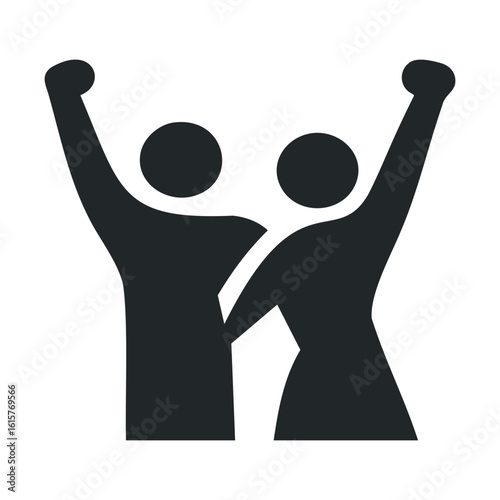 Simple icon showing two people celebrating together in black silhouette