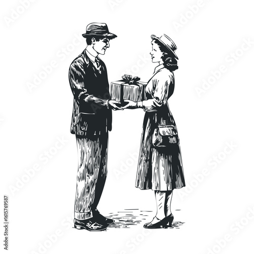 Vintage illustration of caucasian adults in 1940s attire exchanging gift
