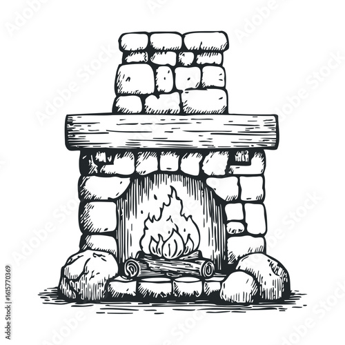 Rustic stone fireplace illustration with burning firewood in black and white