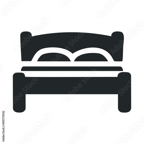 Minimalist black bed icon with pillows on white background
