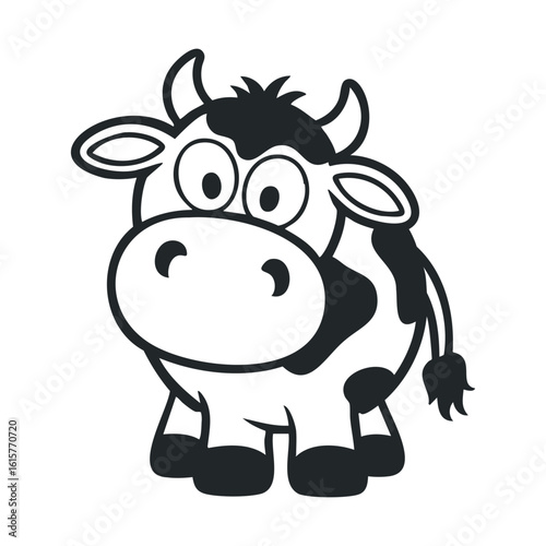 Playful black and white cartoon cow illustration with big eyes