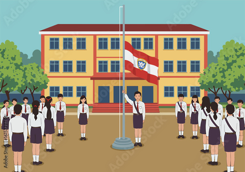 Students in uniform gather for a flag-raising ceremony in front of a school building.