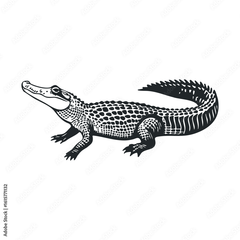 Naklejka premium Black and white alligator illustration with detailed scales and tail