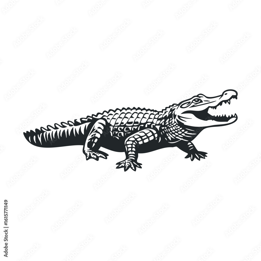 Naklejka premium Black and white alligator illustration with open mouth and detailed scales