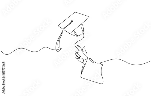 Continuous one line drawing of graduate hand throwing graduation hat cap in the air, Vector illustration. Editable outline