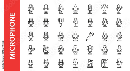 Microphone Audio Line Icons - Editable Vector Set for Sound Recording & Voice Control in UI/UX