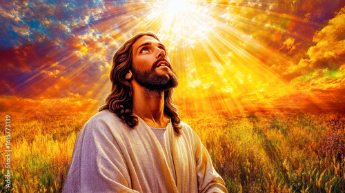 Jesus Christ in field lit by vivid bright red psychedelic light