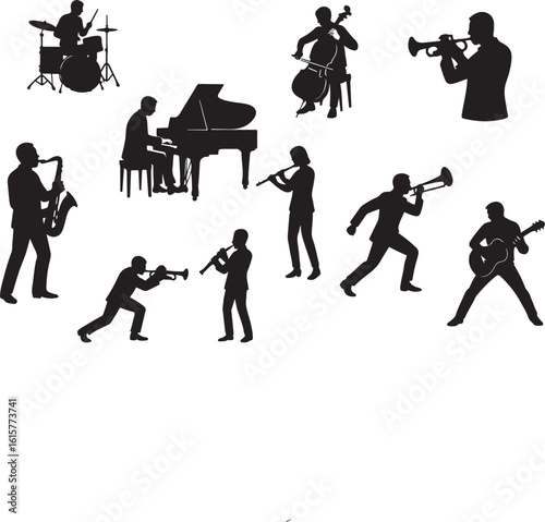 Silhouette collection of musicians performing on instruments drum kit piano trumpet saxophone cello guitar