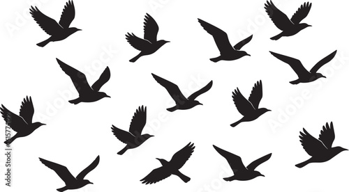 Silhouette of a flock of birds flying against a pristine white background freely