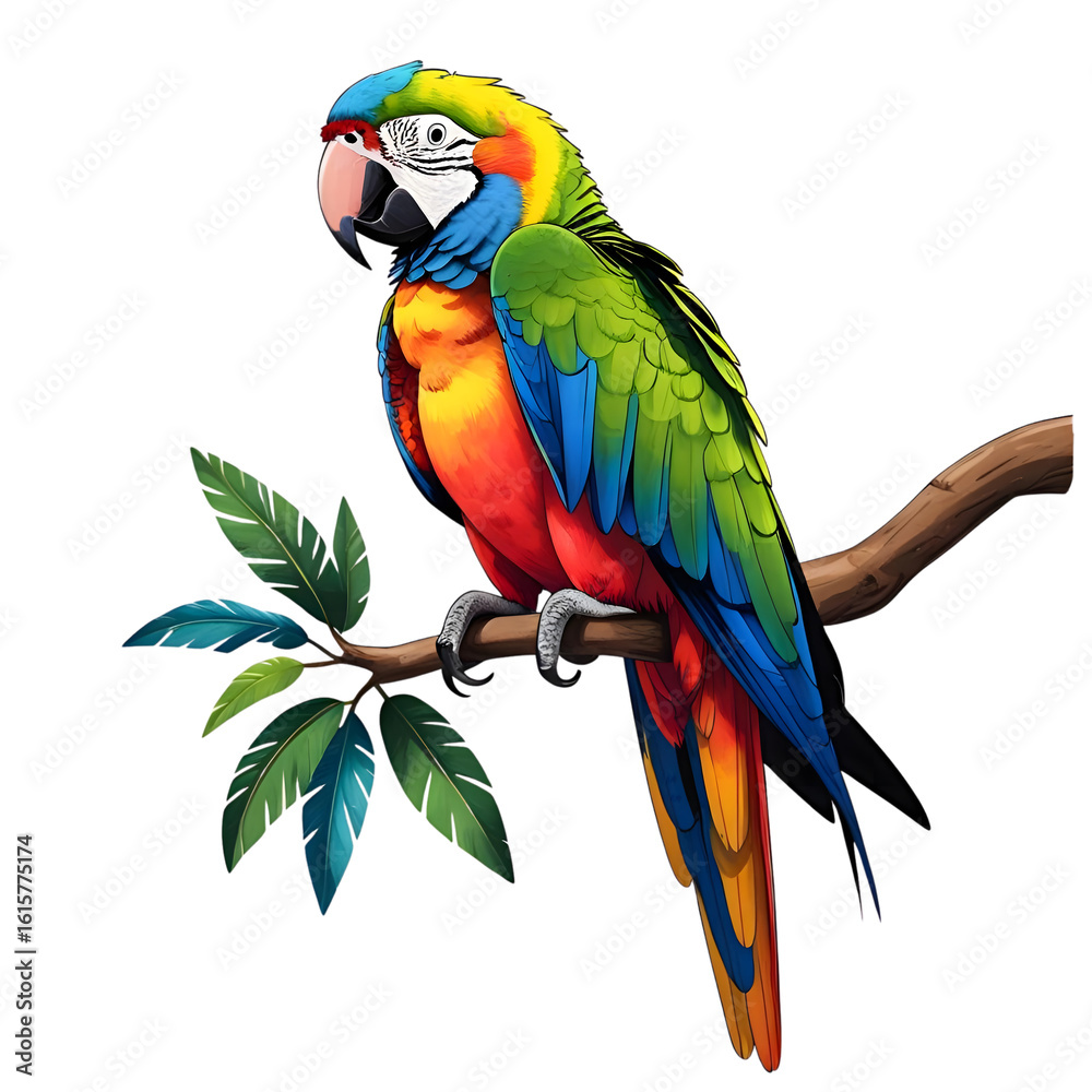 Obraz premium Majestic Macaw Perched on Branch, Tropical Beauty isolated on transparent background Generative AI.
