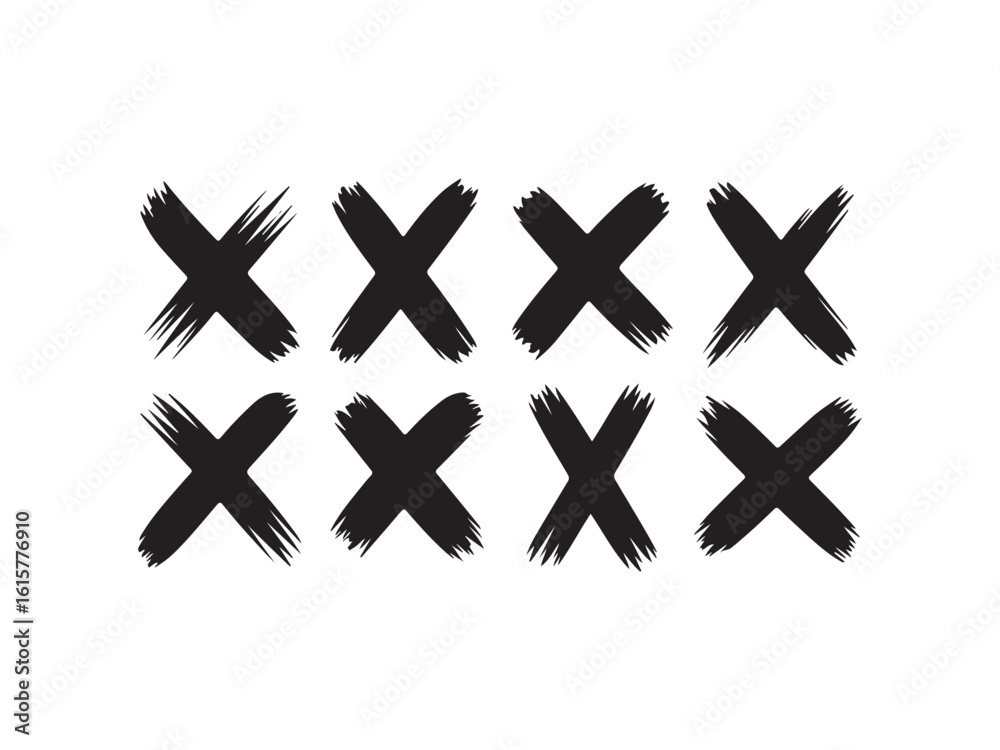 Obraz premium Eight black brush stroke x marks silhouette vector isolated on white background.