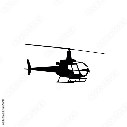 Black silhouette of a single engine helicopter with rotor blades and skids white background