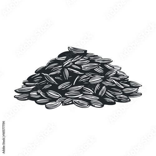 Monochrome illustration of sunflower seed pile on white background