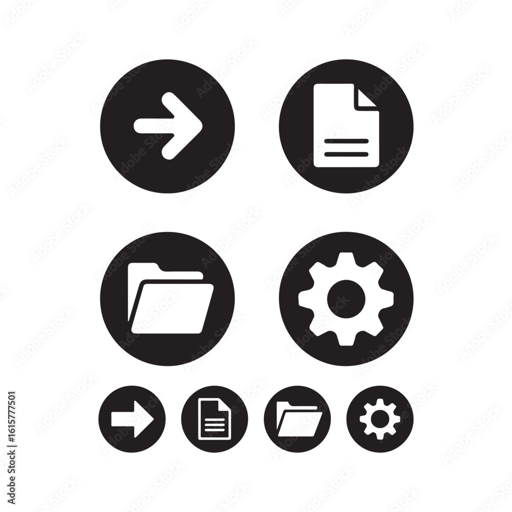 Fototapeta premium Set of four black circular icons with white silhouettes vector of common computer symbols isolated on white background