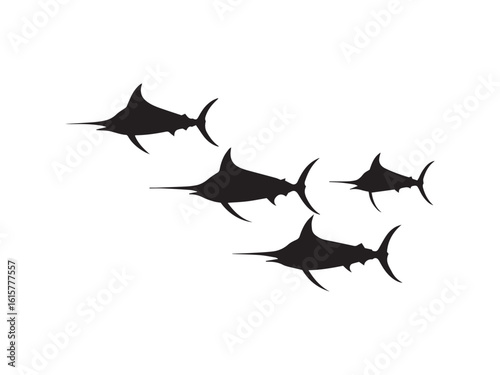 Silhouette of a school of marlin fish isolated on white background