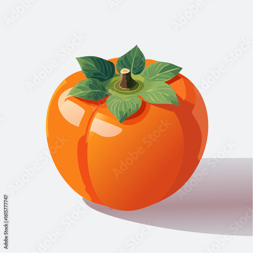 Captivating still life of a vibrant persimmon fruit with lush green leaves isolated