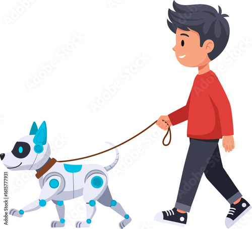 A young boy walks a robotic dog on a leash. The boy is smiling, wearing a red shirt and dark pants. The dog is white with blue accents.