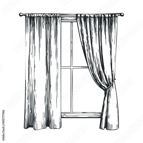 Elegant draped curtains with detailed design in black and white sketch style