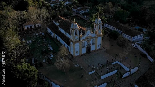 Aerial view of the beautiful Santo Antônio Mother Church in the historic and tourist town of Tiradentes, in Minas Gerais, Brazil.