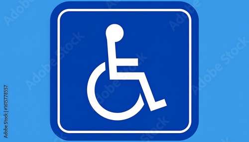 Blue square sign with white wheelchair symbol.  Accessible symbol