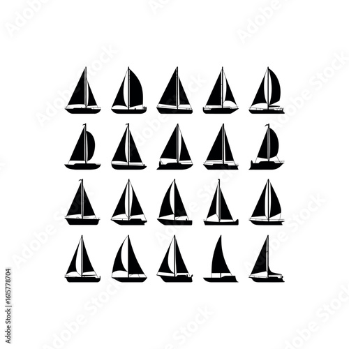Collection of black sailboat silhouettes on a white background sailing watercraft