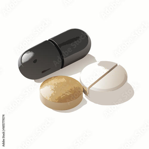 Black capsule and pill with broken line on white background 