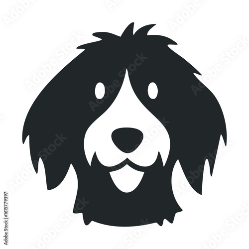 Black and white shaggy dog logo with happy expression