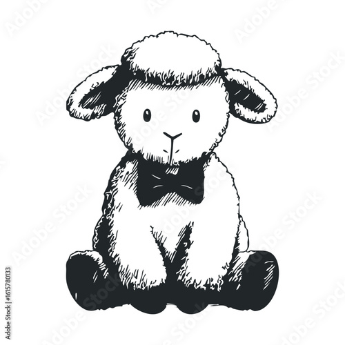 Cute sketch of adorable stuffed lamb toy with bowtie