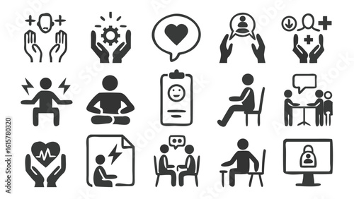 Collection of Mental Health and Therapy Icons Representing Support, Self-Care, and Psychological Well-being for Individuals and Relationships