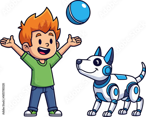 A cheerful young boy playing with a robotic dog and a blue ball.