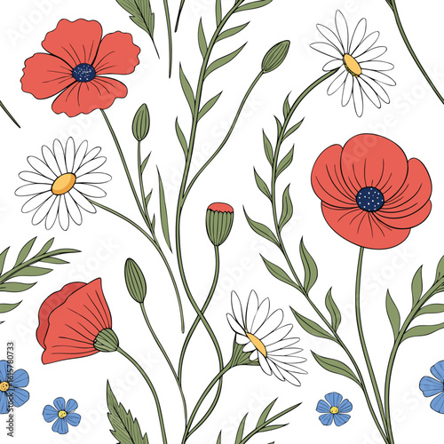 Seamless Watercolor Pattern with a Vibrant Mix of Red Poppies and Daisies