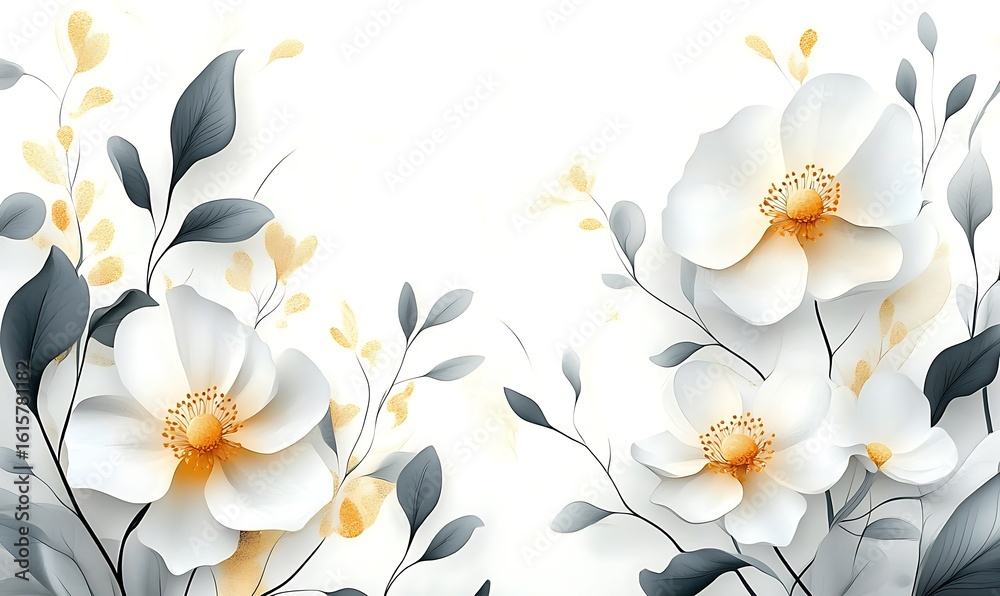 Obraz premium Luxury abstract art botanical composition. Spring minimal design in white, grey, and golden shades. Luxury botanical background with trendy flowers for wall decoration